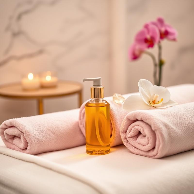 Massage oil and rolled towels on a spa bed