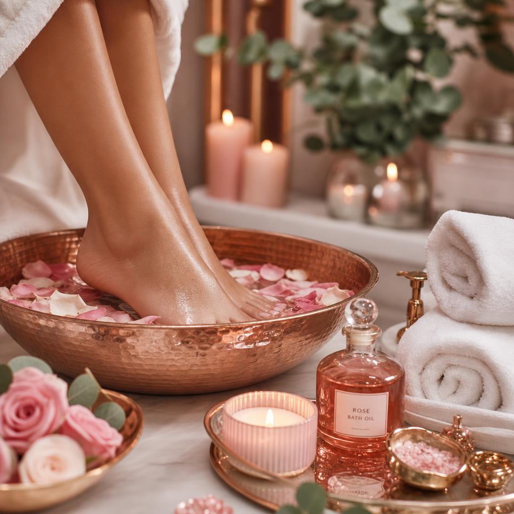 Copper pedicure foot soak with rose petals