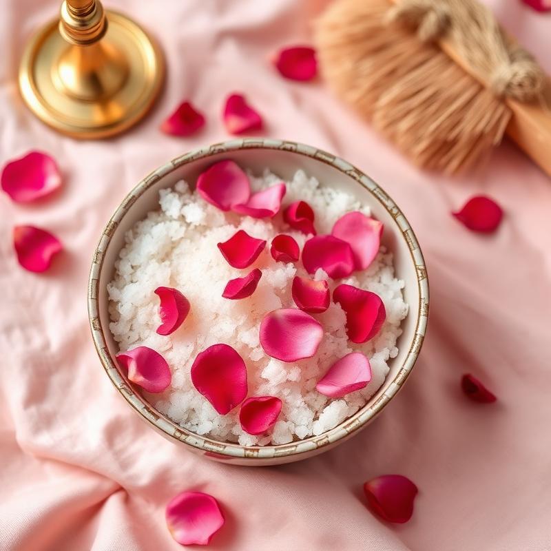 Bowl of body scrub with rose petals