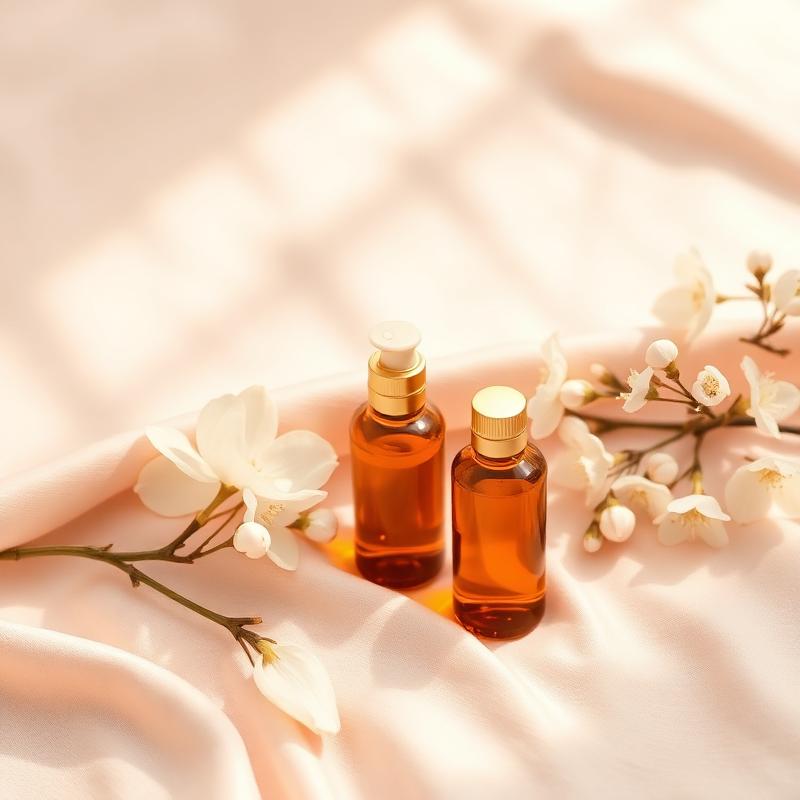 Aromatherapy oil bottles on blush silk