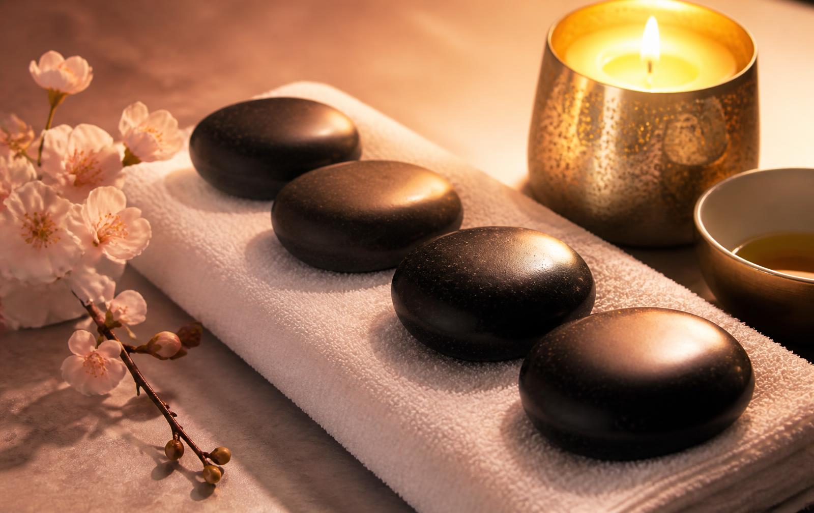 Warm basalt hot stones on a towel beside a candle in a spa room